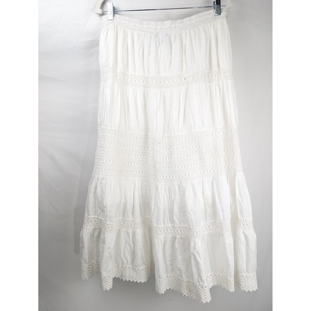 Vintage Y2K Crochet Lace Tiered Maxi Prairie Skirt Size L White Boho Cottagecore - Picture 7 of 9